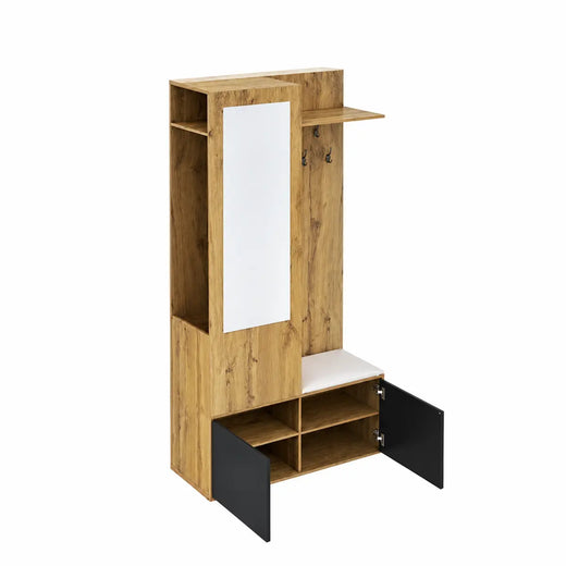 Set ingresso nero e legno con scarpiera, panca e specchio