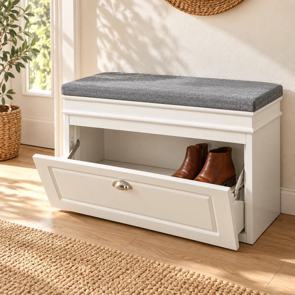 Panca scarpiera bianca con cuscino grigio