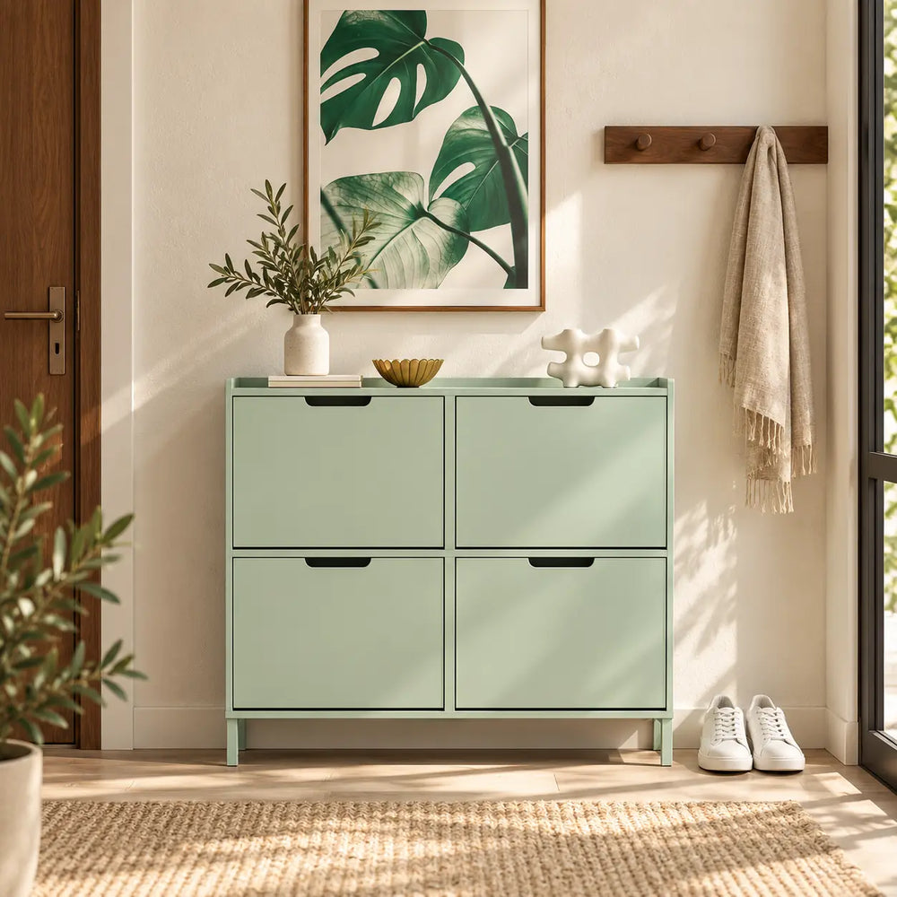 Scarpiera slim verde salvia in un ingresso contemporaneo